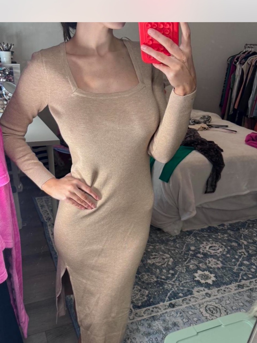Beige Long Sleeve Square Neck Knit Dress